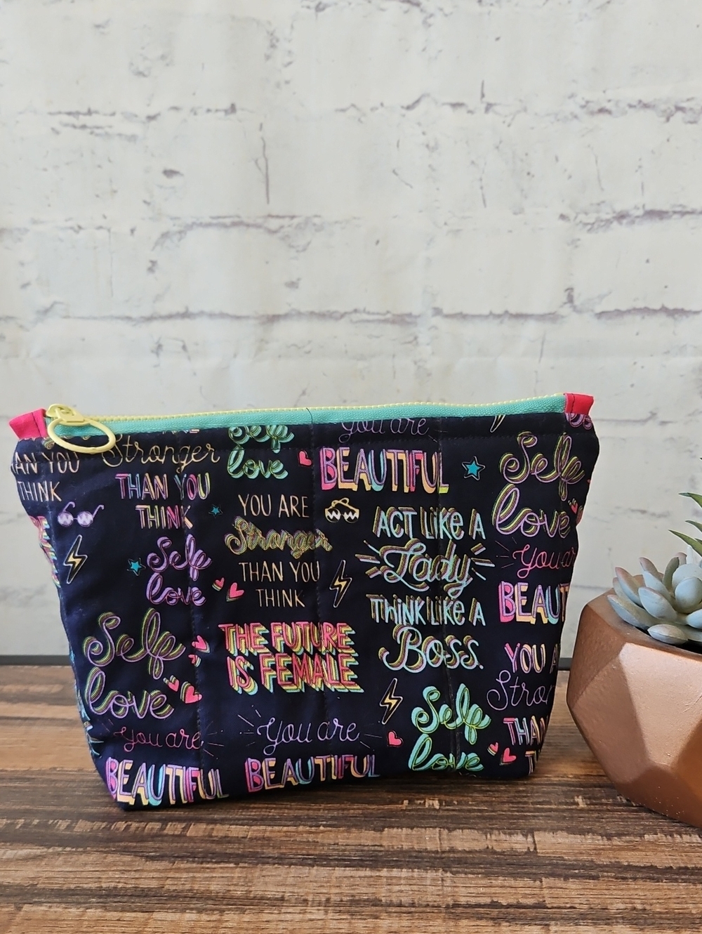 Handmade Quilted 8" Zipper Pouch Future Is Female Print